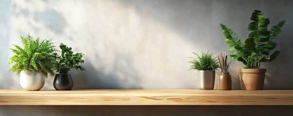 Wall Mural - Wooden shelf with potted plants and sunlight on a grey wall.