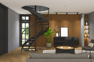 Wall Mural - 3d render of illustration of minimal interior design black  spiral staircase in small living room. Wood parquet floor, wood stripes panel and white ceiling. 42