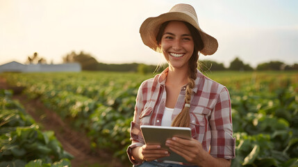 A beautiful young female farmer smiles while holding her tablet in the middle of an organic farm field and crisp white background 