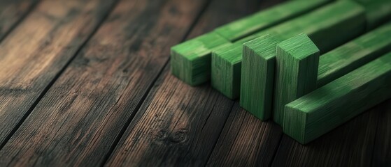 Elegant arrangement of green wooden blocks on a rustic wooden surface, ideal for design, construction, or creative projects.