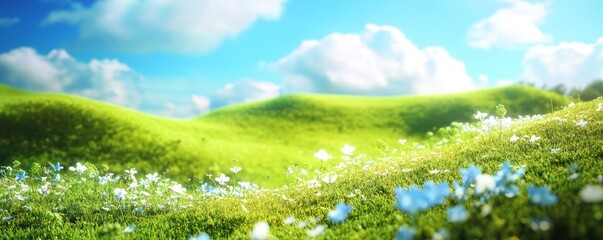 A lush green field with white flowers under a bright blue sky and fluffy clouds.