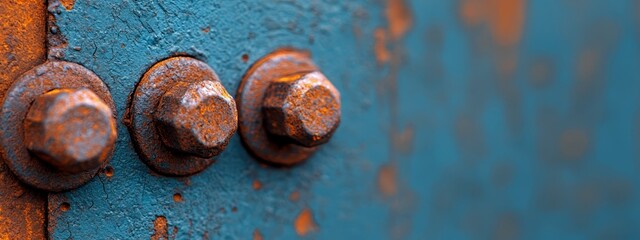 Wall Mural -  A tight shot of rusted metal knobs against a backdrop of blue and orange wall