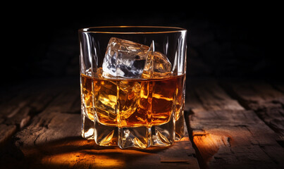 Canvas Print - Glass of Whiskey on Wooden Bar with Ice Cubes