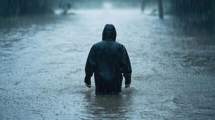 A lone figure wading through knee deep floodwaters under a relentless downpour, the hazard clearly visible as the rain continues unabated and the water rises