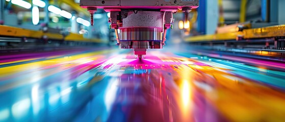 Close-up view of an industrial print press machine processing vibrant