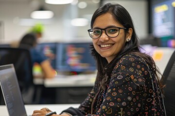 Successful Indian woman developer programmer working inside modern office, using laptop at work to write program software code, smiling and happy, Generative AI