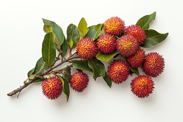 A branch with vibrant, spiky rambutan fruits and green leaves against a white background.