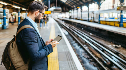 Poster - A businessman in a sleek black suit using his smartphone while waiting for a train at an open-air station. 