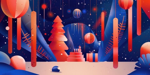 Wall Mural - A colorful Christmas scene with a tree, balloons, and presents