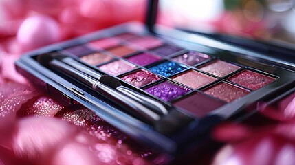 A close-up of a colorful eyeshadow palette featuring various shades of pink, purple, and glitter. The palette is open, displaying a range of vibrant colors and a dual-ended applicator. 