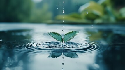  A green leaf floating on surface-tensioned water, with a droplet hanging underneath