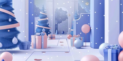 Wall Mural - A Christmas scene with a blue and pink color scheme