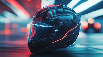 High-tech helmet with built-in HUD display, matte black finish, clear focus, blurred background of futuristic motor racing, neon lights, innovative and futuristic mood