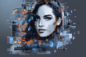 Canvas Print - Modern abstract portrait of a woman’s face constructed from puzzle pieces and pixels symbolizing the fragmentation of identity digital influence and the complexity of self perception