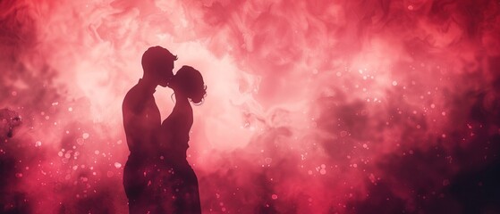 Wall Mural - Loving couple silhouette kissing amidst romantic pink red haze 