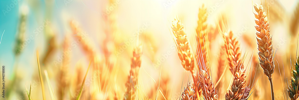 Golden Wheat Field Against Clear Blue Sky, Close-up of Ripe Wheat Ears ...
