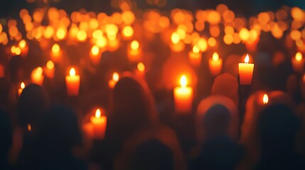 A blurred image of a large crowd holding lit candles, creating a warm glow and a sense of unity.