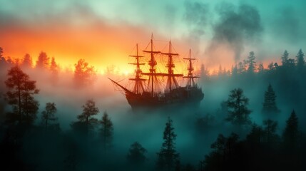 Mysterious Ship in Foggy Forest at Sunset