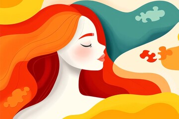 Canvas Print - A vibrant and whimsical illustration of a serene woman with flowing red hair surrounded by colorful abstract shapes and puzzle pieces representing creativity tranquility and mental balance