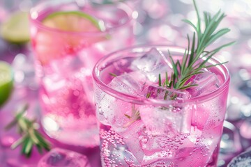 Pink Drink Cocktail with Ice, Rosemary, Lime. Refreshing Beverage with Citrous Twist