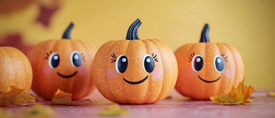 Adorable and Whimsical Kawaii Style Jack o  Lanterns with Cheerful Faces and Big Eyes Perfect for Halloween and Autumn Decor