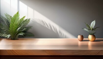 Wall Mural - modern living room with a window, plant on the table, Clean minimal surface for product display. Copy space available. Elegant minimal background wall. Suitable for home, room with a table