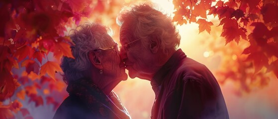 Wall Mural - Affectionate elderly couple shares a heartfelt kiss amidst a soft background 