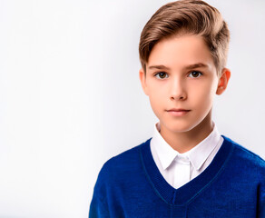 Niño estudiante con uniforme escolar sobre fondo blanco. Estudiante rubio.