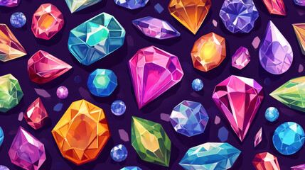 Wall Mural - Seamless pattern of gemstones, including gem jewels and diamonds. The vector background features ruby, sapphire, emerald, opal, amethyst, topaz, and quartz rhinestones.