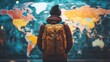 © Piyawat - A traveller with backpack front of world map background