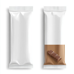 Mockup template of a blank white bar pack package, suitable for chocolate candy wrappers, biscuit packaging, or snack bar wraps. Features include a plastic foil bag design, ideal for sugar sticks.