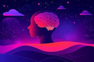 Wall Mural - Vibrant abstract illustration of a brain glowing in neon colors representing creativity imagination and the limitless potential of the human mind in a dynamic and futuristic style