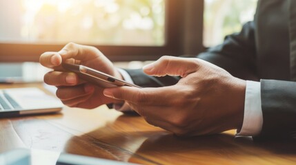 Professional businessperson using smartphone at modern desk with blurred screen close-up, hands in business attire, bright and high-definition image.