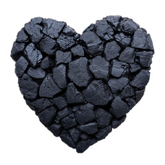 Heart made of jagged coal with dark rugged texture isolated on transparent background 