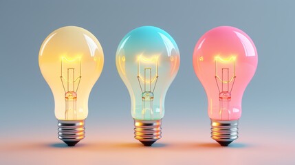 A collection of three colorful light bulbs glowing softly against a gradient background, symbolizing creativity and innovation.