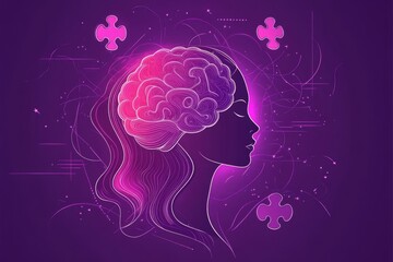 Sticker - Stylized silhouette of a womans profile with a brain and puzzle pieces symbolizing mental health problem solving and the exploration of cognitive challenges in a vibrant modern illustration