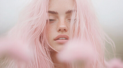 woman's face with pink hair, her eyes are closed, and she appears to be in a soft focus background.