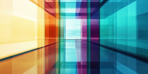 Wall Mural - Abstract glass architectural forms reflecting vibrant colors in a contemporary space during daylight, showcasing modern design elements