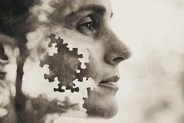 Poster - Surreal black and white portrait of a woman with a puzzle piece missing from her face symbolizing loss memory gaps and the emotional impact of trying to piece together a fragmented identity