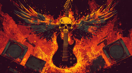 Rock fest posters and flyers featuring a concert music band festival theme. Vector grunge vintage design with a skull, electric guitar with wings, and elements like drums and loudspeakers in flames.