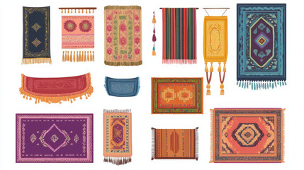 Cartoon illustrations of various carpets, mats, and rugs, featuring home interior objects. Includes floor rugs, picnic mats, yoga mats, bath rugs, and beach carpets, each adorned with tassels.