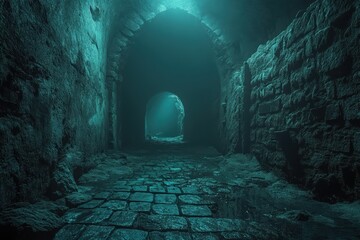 A dark, narrow stone tunnel with a mysterious eerie glow, featuring ancient walls and a rough cobblestone floor.