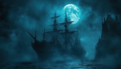 Wall Mural - Ghostly Ship Under a Mystical Blue Moon in the Mist