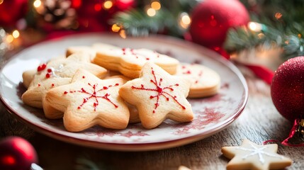 Wall Mural - Festive holiday cookies arranged on a plate surrounded by Christmas decorations