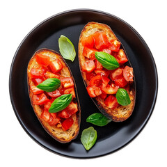 Top view of Italian bruschetta with tomato and basil on a dark plate isolated on transparent background 