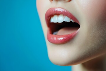 Wall Mural - close-up of a womans face with open mouth and perfect white teeth - portrait on a blue studio background