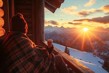 Wall Mural - A warm view from the cabin. A cozy blanket envelops a person enjoying a peaceful sunset. Winter vibes fill the air. Perfect for relaxation and escape. Generative AI