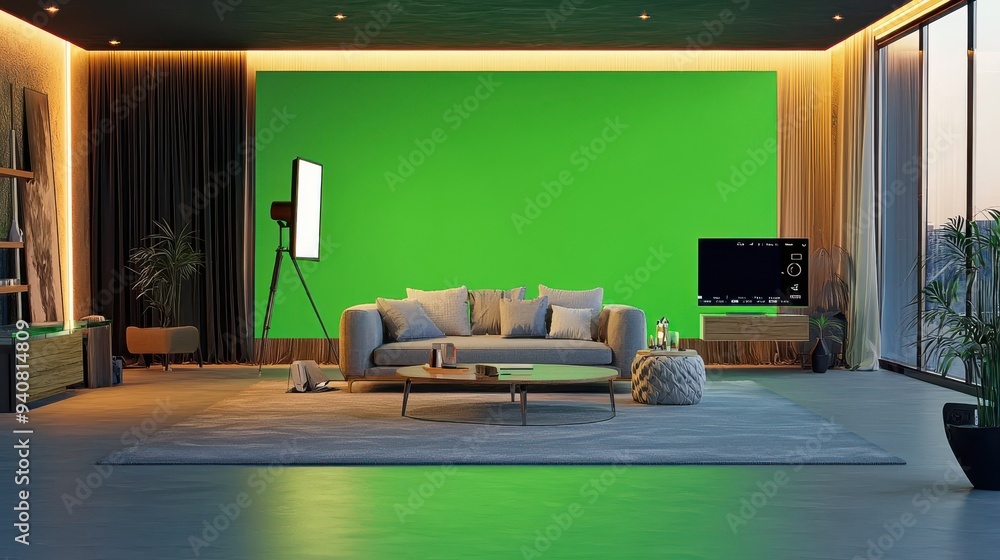 A modern interior design setup isolated over a green screen background ...
