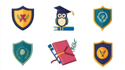 Vector icons representing college, university, and academy themes. Includes symbols such as science books, an owl in a graduation cap, a paper sheet with a writing pen, and laurel ribbons or wreaths.