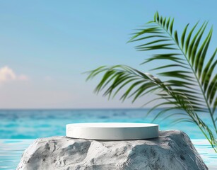 White round podium on stone rocks, with palm leaves and a blue sea background, offering a minimalistic setup for summer product presentations or cosmetic mockups.